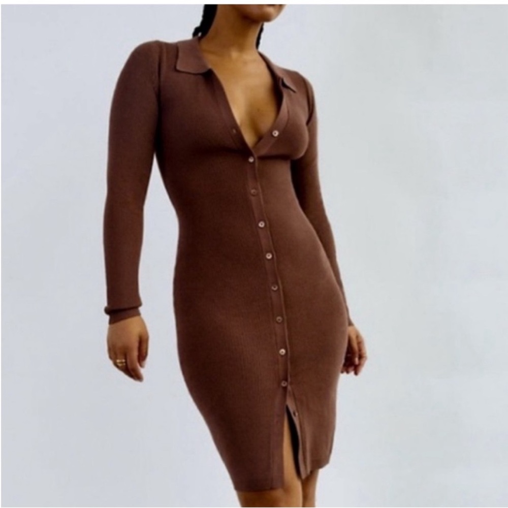 House Of Harlow Brown Ribbed Long Sleeve Dress